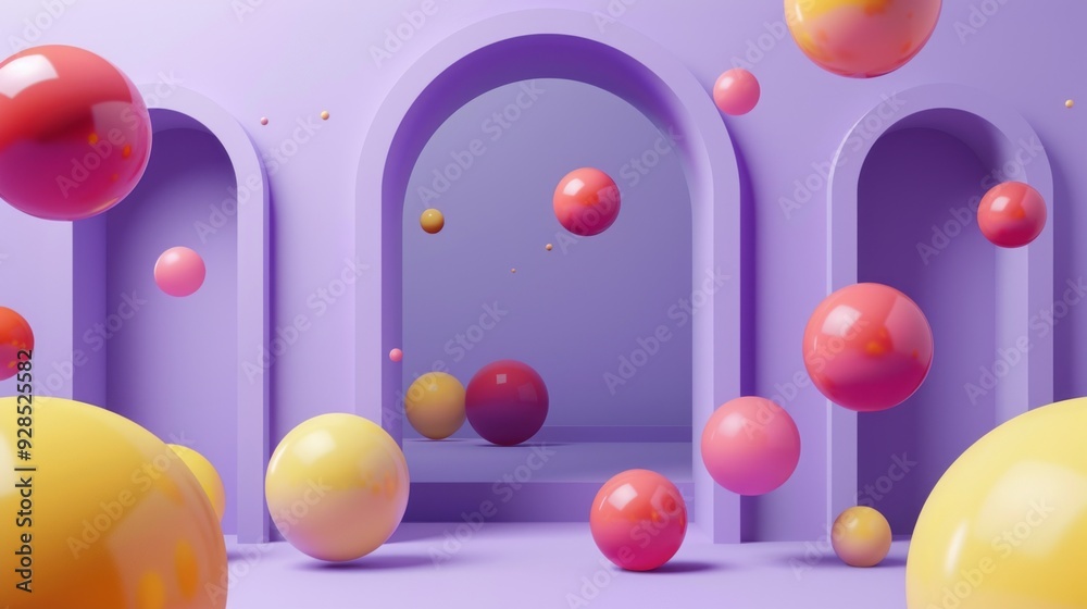 Poster floating spheres in vibrant colors create a playful atmosphere against a minimalist purple backgroun