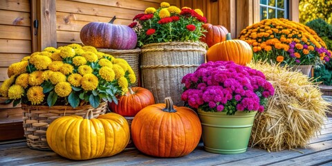 Vibrant multicolor mum flower pot, pumpkins, and vegetables adorn a rustic yellow hay bale on a cozy porch, evoking autumnal harvest festivities and Halloween charm.