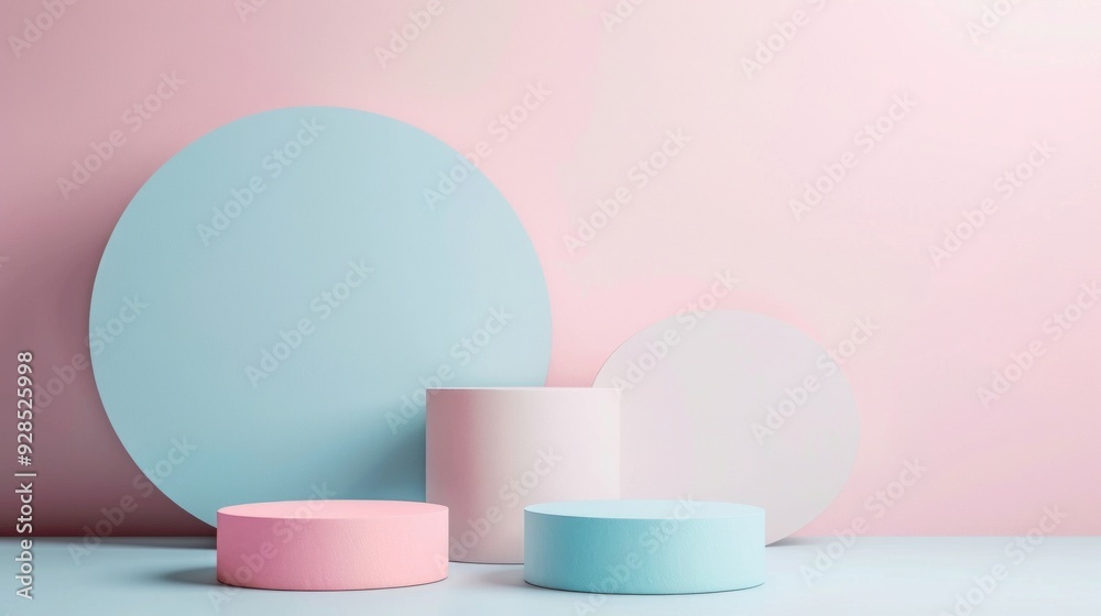 Aufkleber pastel geometric shapes in varying sizes are arranged on a soft, colored backdrop, creating a calmin