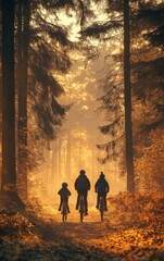 Fototapeta premium Dawn Adventure: A Family Cycling Through a Misty Forest at Sunrise, Embracing the Warmth of Nature's Light and the Spirit of Outdoor Exploration.