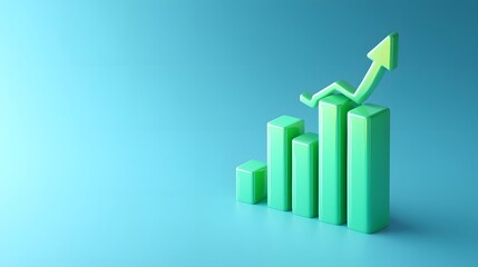 Green bar chart with upward arrow on blue background signifying growth, progress, success, and business improvement.