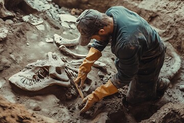 archaeologists cleaning dust of dinosur