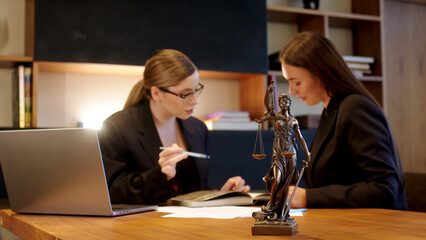A female lawyer at her workplace communicates with a young client, discussing issues of legal significance. Consultation concept with legal 