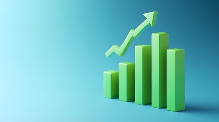 Green bar chart with upward arrow on blue background symbolizes growth, success, financial gain, progress, and business performance.