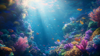 Fototapeta premium Sunlit Symphony: A Vibrant Underwater World of Tropical Fish and Coral Gardens