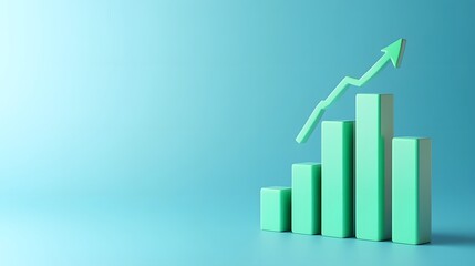 Green bar chart with upward arrow representing business growth and success on a blue background.