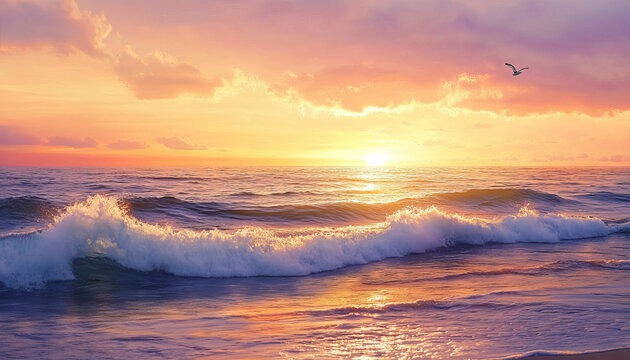 calming seascape with gentle waves rolling toward the shore at sunset. The sky is filled with warm hues of orange, pink, and purple, reflecting on the surface of the water