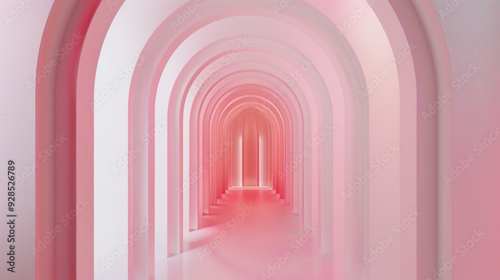 Poster Soft pink arches create a tranquil corridor, inviting peaceful reflection and discovery in a minimalist design