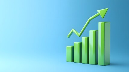 Green bar chart with upward pointing arrow on blue background, symbolizing business growth, success, and positive progress.