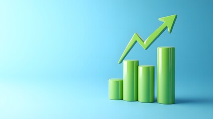 Green bar graph chart showing upward growth trend with green arrow on blue background, representing business success.
