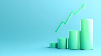 Green bar graph ascending with an upward arrow on a blue background symbolizing growth, success, and positive business trends.