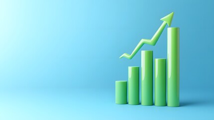 Green bar graph chart with an upward arrow on a blue background symbolizing business growth and success in the data analysis market.
