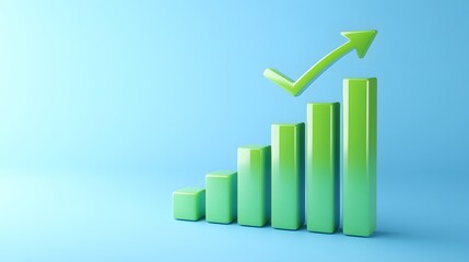 Green bar graph depicting business growth and an upward trend on a blue background, indicating positive financial performance.