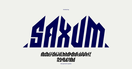 Sharp and bold gothic font for logo creation of for headlines, edgy geometric modern vector typeface, heavy metal and hard rock style alphabet with numbers, italic version.