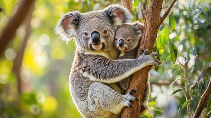 Koala Mother and Baby Embracing in a Tree