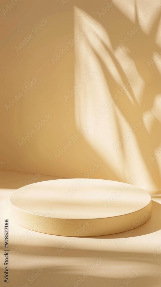 Poster a round, minimal podium rests in a softly lit, warm-toned environment, ideal for showcasing products