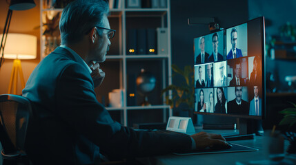  a businessman participating in a video conference, with a sleek computer setup, a well-organized desk, and professional office decor. The screen shows multiple participants in a virtual meeting