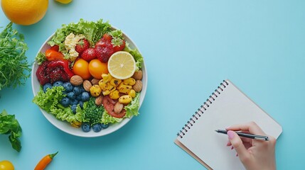 A dietetic technician analyzing a colorful plate of healthy foods, with a notepad and pen in hand, on a light solid color background