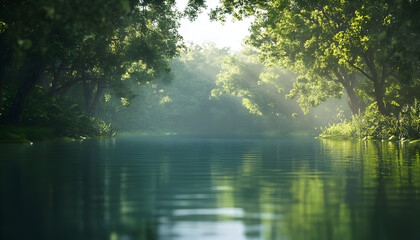 Fototapeta premium Tranquil Lake Surrounded By Verdant Trees, ultra-realistic, high resolution,