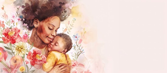 Fototapeta premium happy young African mom holding her cute baby against light floral background with copy space, watercolor illustration, pastel colors. Mother's day, baby's day, motherhood, childcare concept.