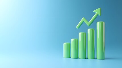 Green bar graph with an upward arrow on a blue background, symbolizing growth, progress, and business success.