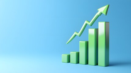 Green bar graph with an upward arrow on a blue background representing business growth and positive financial progress.