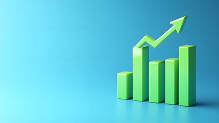 Green bar graph with an upward arrow on a blue background symbolizes business growth, success, and financial performance improvement.