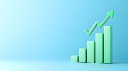 Green bar graph with an upward arrow on a blue background symbolizing business growth, success, and financial progress.