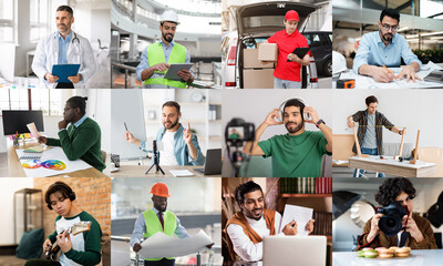 The image shows a diverse group of men working on various tasks in different modern indoor settings.