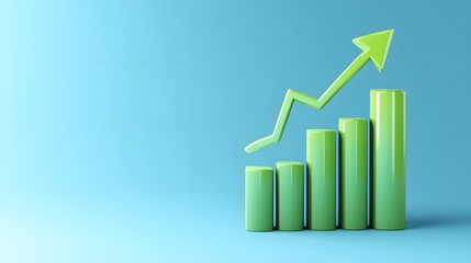 Green bar graph with an upward arrow on a blue background, symbolizing growth, progress, and positive business trends.