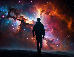 Fototapeta premium Man facing endless universe with sparkling stars, galaxies, and nebulas in outer space. Amazing Cosmos Background. Digital illustration. CG Artwork Background