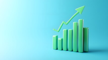Green bar graph with an upward arrow on blue background, representing growth, success, and financial progress, isolated on blue.