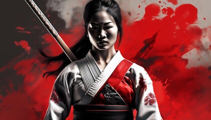 Female kendo athlete in powerful pose, red and white contrast, free space for text.
