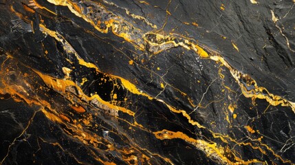 Elegant grunge texture background featuring black marble with distinctive yellow veins, ideal for luxurious and modern design projects, textured surface with bold veining patternss
