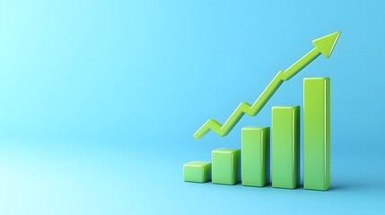 Green bar graph with rising arrow on blue background, symbolizing growth, progress, and success in business or finance.
