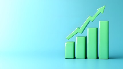 Green bar graph with rising arrow on blue background. Concept of growth, success, and business improvement. 3D illustration.