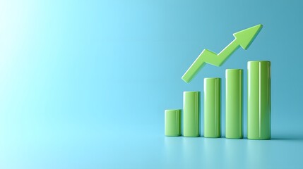 Green bar graph with rising arrow on blue background symbolizes growth, progress and success in finance, business, and analytics.