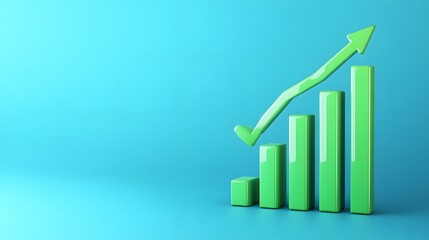 Green bar graph with upward arrow indicating growth on blue background, representing business success, analytics, and performance improvement.