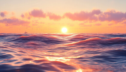 Obraz premium calming seascape with gentle waves rolling toward the shore at sunset. The sky is filled with warm hues of orange, pink, and purple, reflecting on the surface of the water