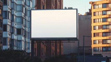Obraz premium Blank billboard on a residential building in a calm cityscape, with no activity below and soft lighting creating a peaceful atmosphere in a clear sky setting. Billboard mockup in the city