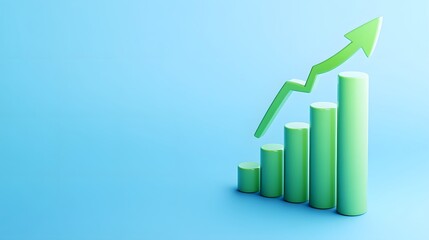 Green bar graph with upward arrow on a blue background representing business growth, financial success, and positive economic trends.