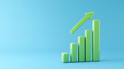 Green bar graph with upward arrow on a blue background representing growth, success, and progress in business and financial statistics.