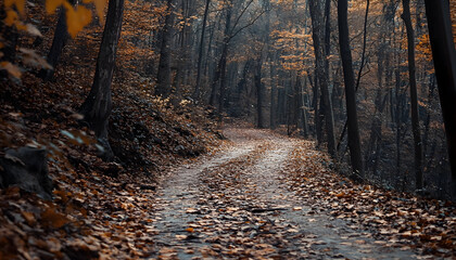 Obraz premium winding forest trail strewn with fallen leaves, ultra-realistic, high resolution,