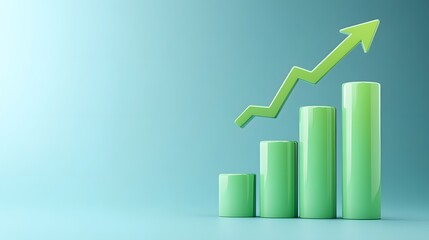 Green bar graph with upward arrow on blue background; representing growth, success, progress and business achievements.