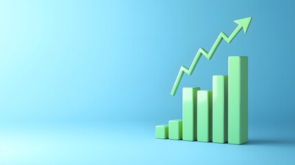 Green bar graph with upward arrow on blue background representing growth, progress, and positive business trend. 3D illustration.