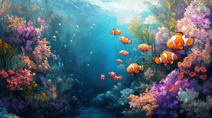 Naklejka premium Underwater Paradise with Clownfish