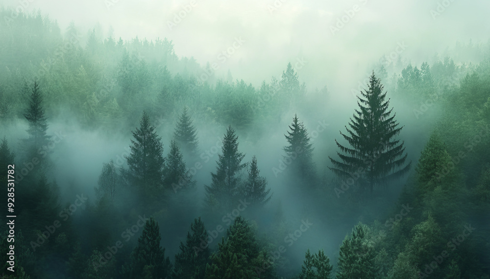 Wall mural tranquil desktop background of a dense forest covered in morning mist. tall trees rise through the f