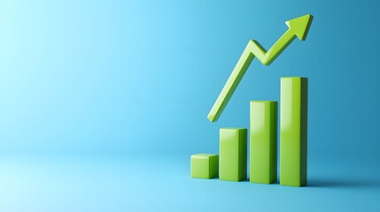 Green bar graph with upward arrow on blue background symbolizing business growth, success, and financial progress in a vibrant 3D illustration.