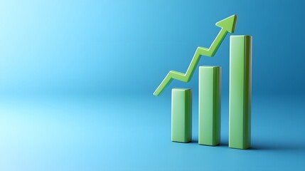 Green bar graph with upward arrow on blue background symbolizing financial growth, business success, and rising statistics.