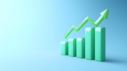 Green bar graph with upward arrow on blue background symbolizing growth, progress, and success in business and finance.